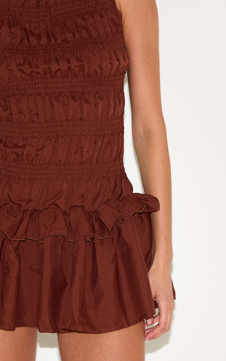 Vestido Café Fruncido Volantes