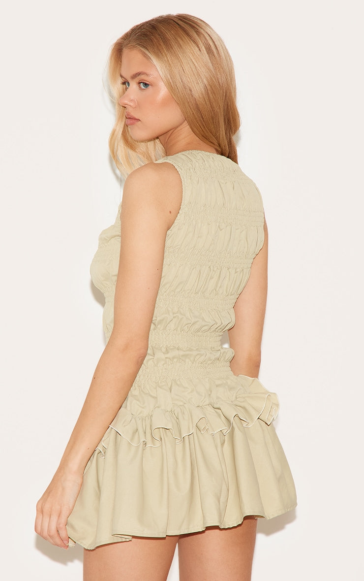 Vestido Beige Fruncido Volantes