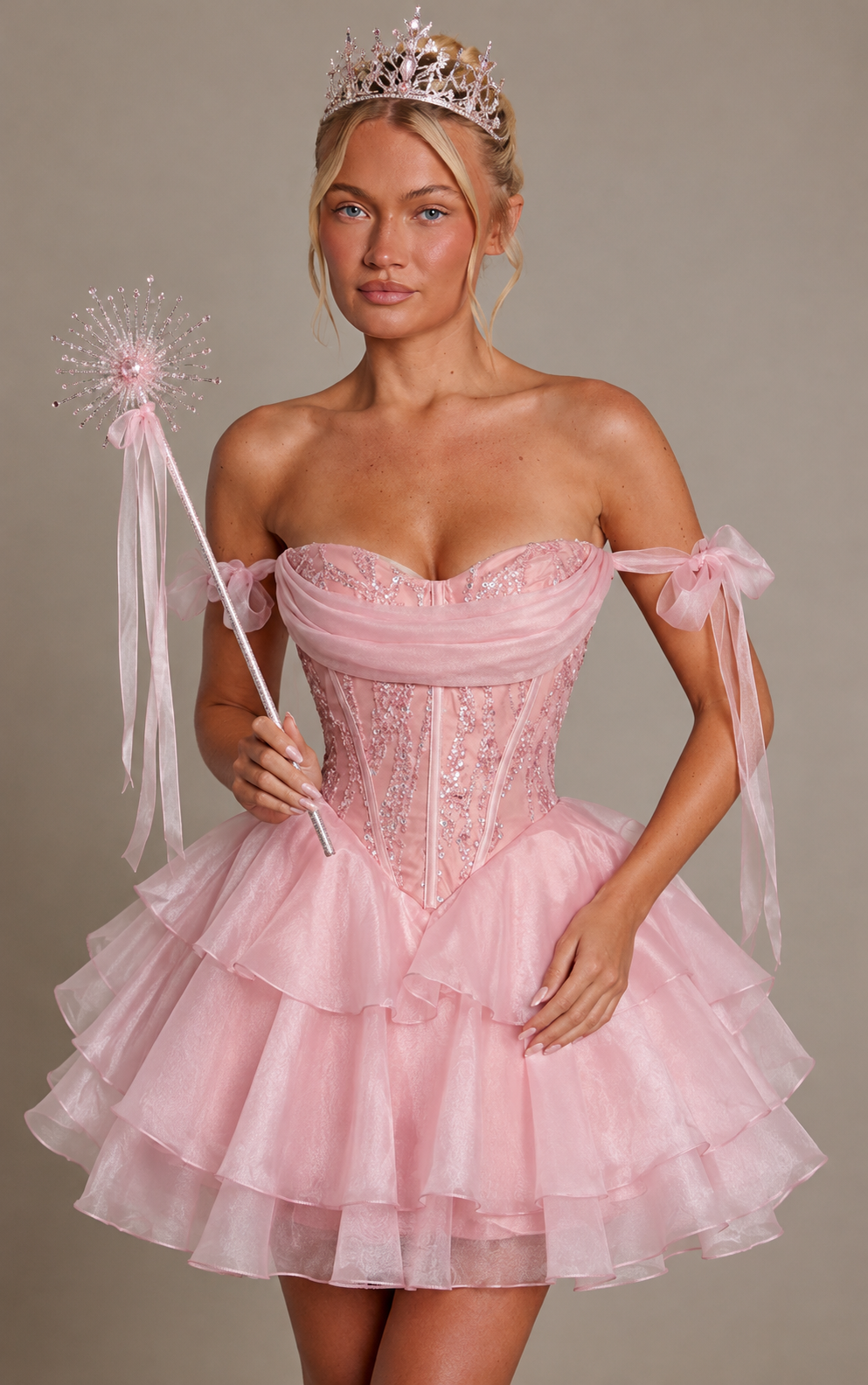 Disfraz Glinda para Mujer – Vestido Rosa, Varita y Corona V E L T
