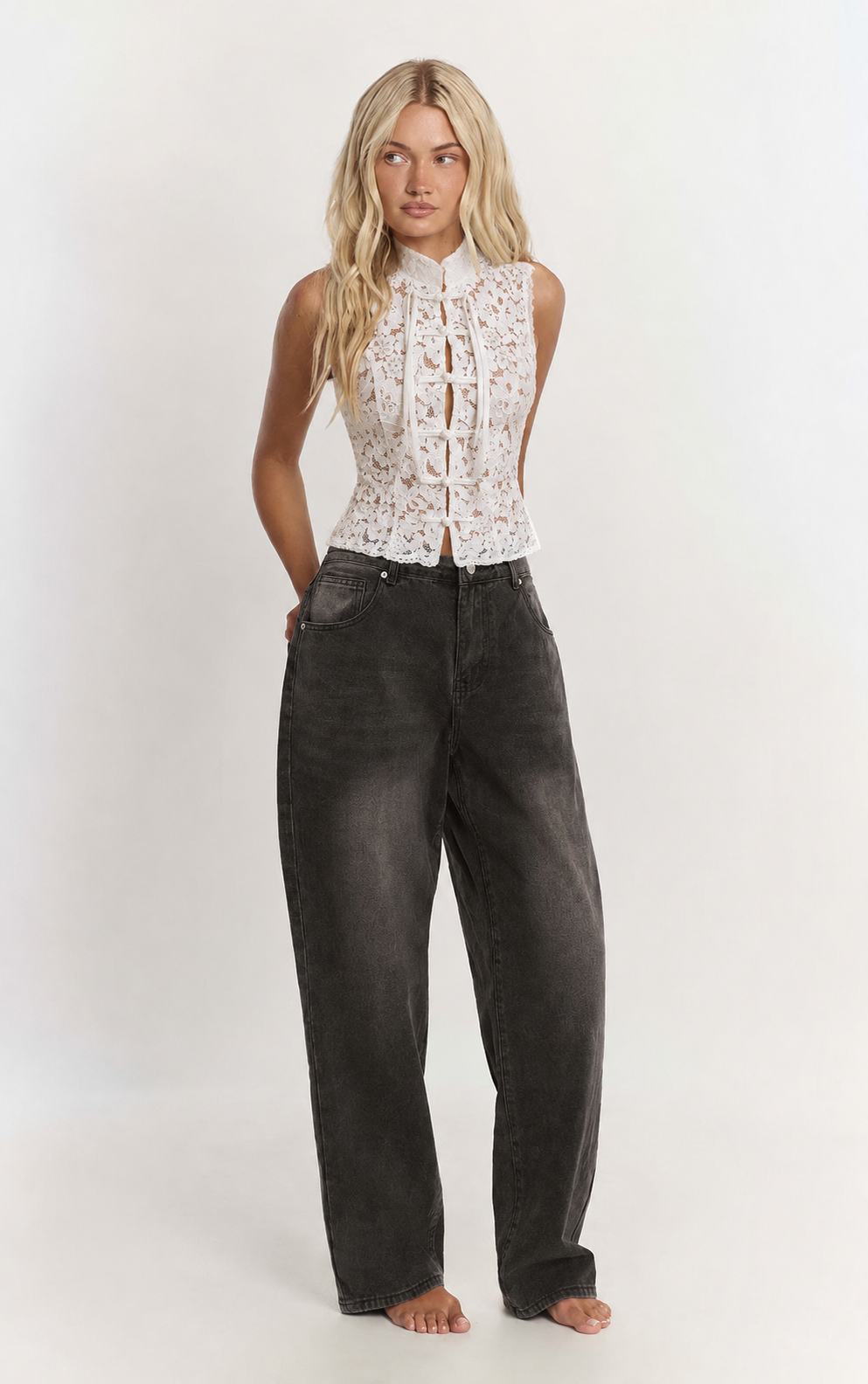 White Floral Lace Sleeveless Top – Elegant High-Neck Lace Blouse | VELT VELT