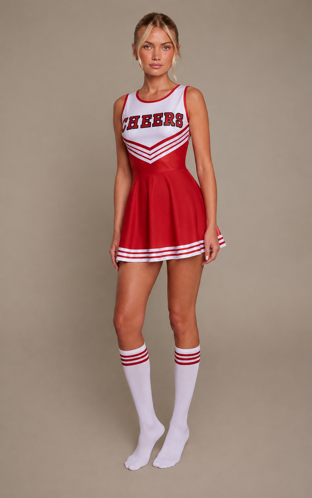 Disfraz de cheerleader para mujer rojo y blanco inspirado en Glee V E L T