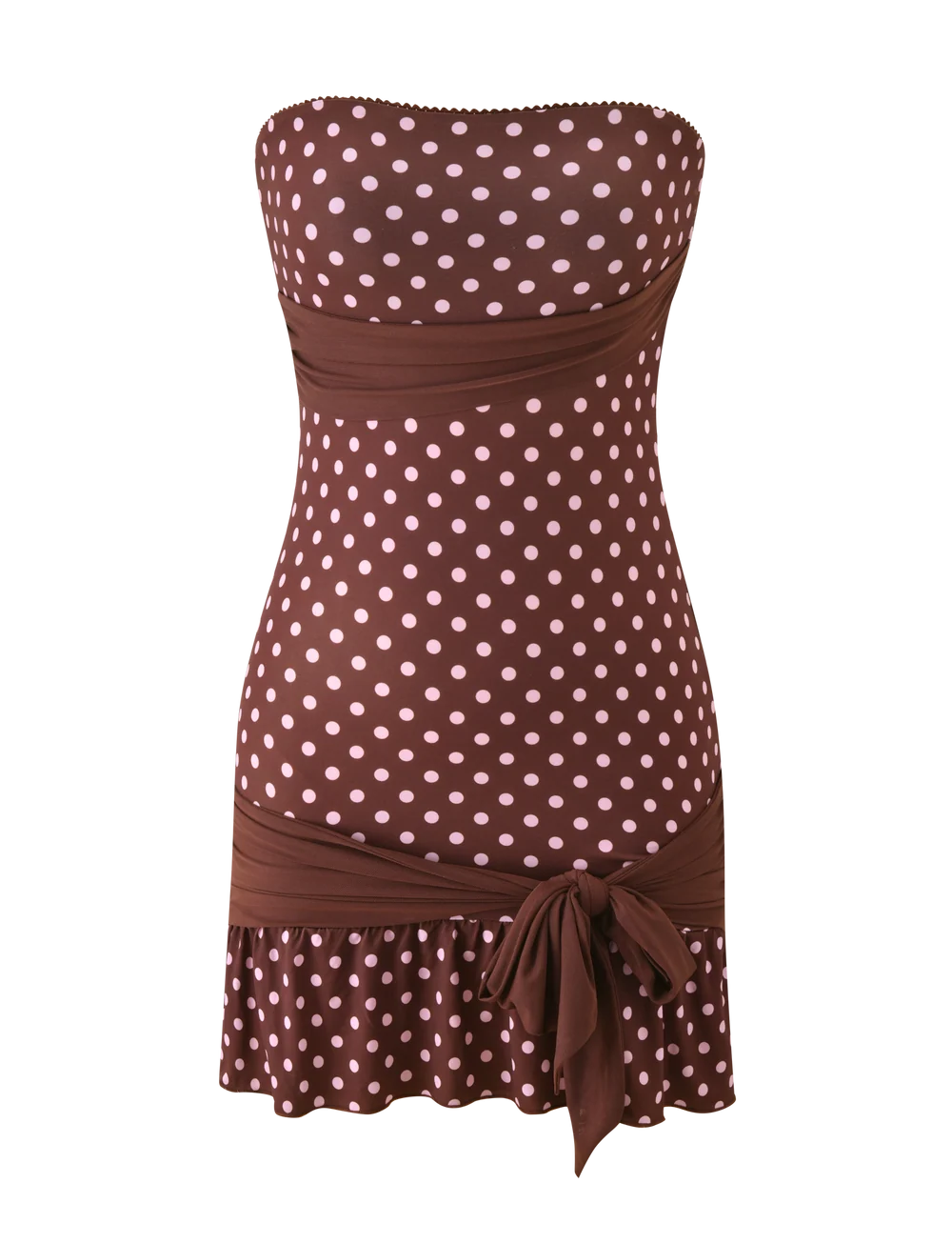 Vestido café de lunares con detalle fruncido y amarre lateral en modelo