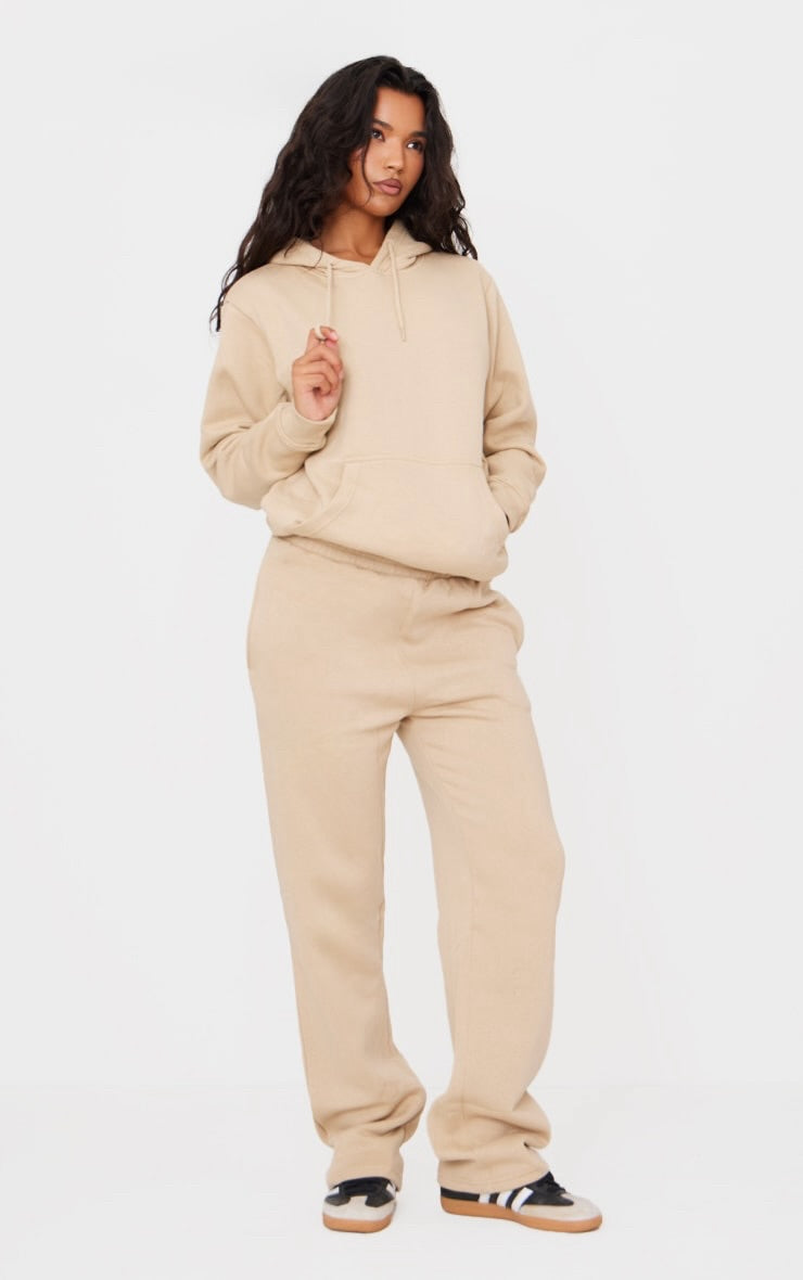 Conjunto Buzo Beige Polerón Capucha & Pantalón Recto Algodón