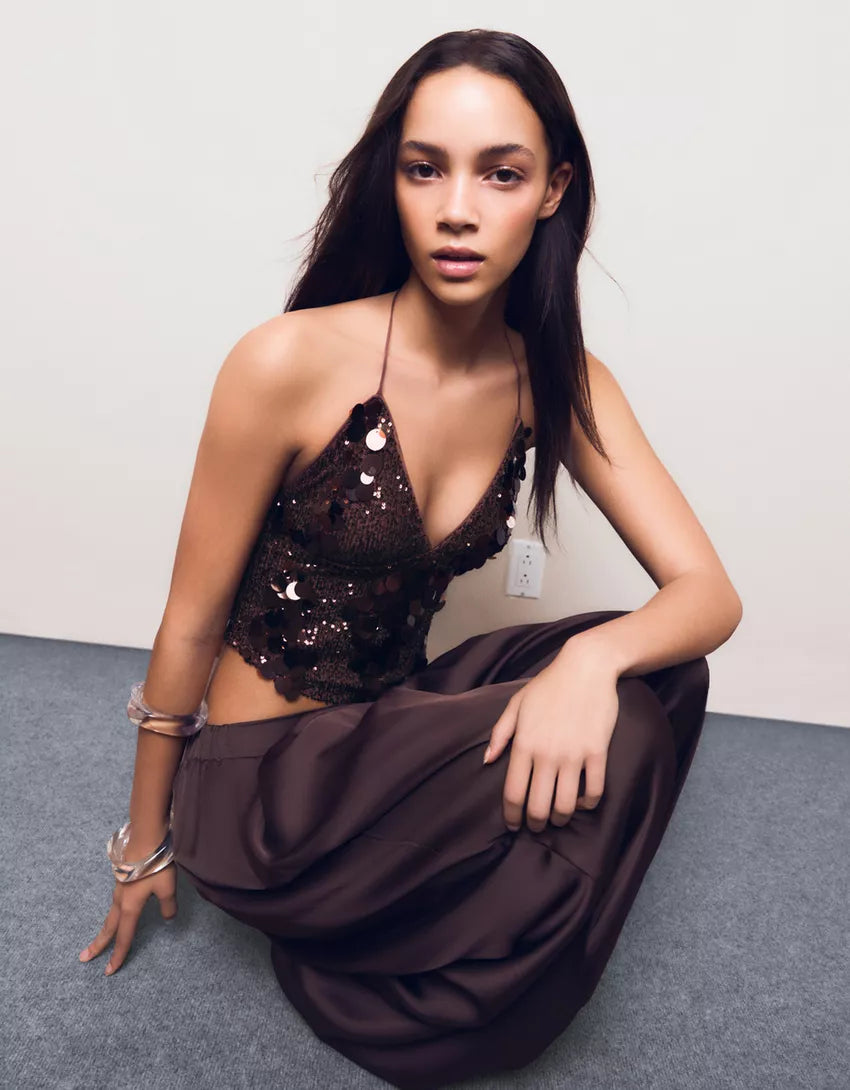 TOP ASIMÉTRICO LENTEJUELAS CAFÉ Mi tienda