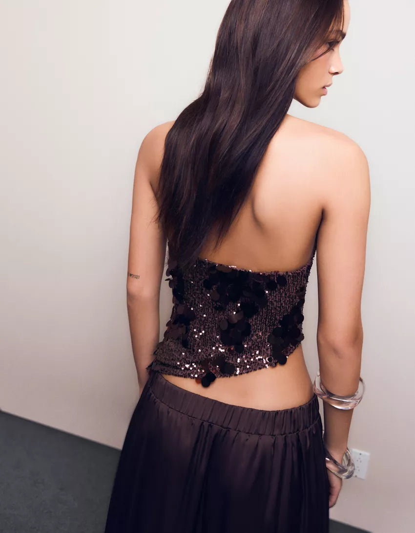 TOP ASIMÉTRICO LENTEJUELAS CAFÉ Mi tienda