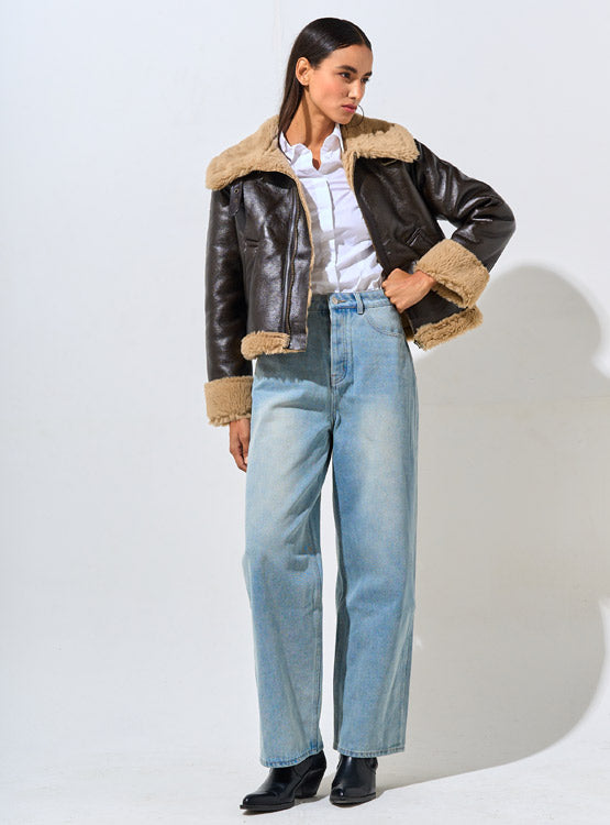 Chaqueta Negra con Chiporro Beige Mujer