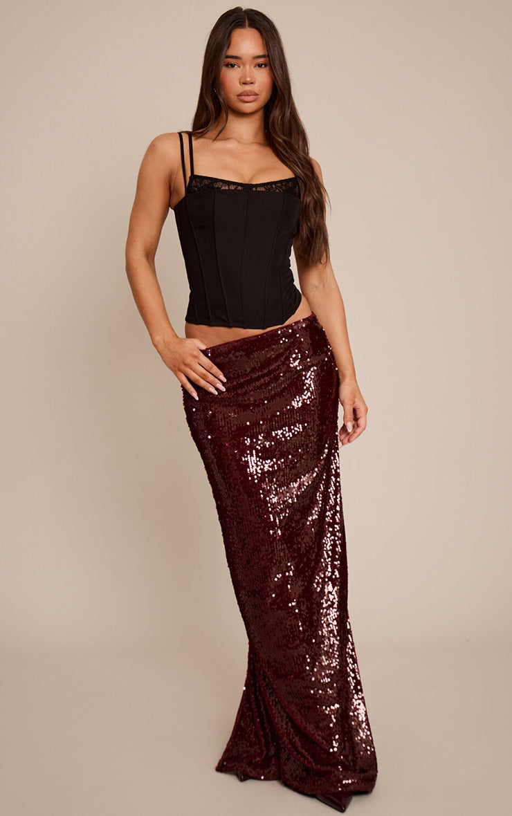 Falda Maxi Burdeo con Lentejuelas