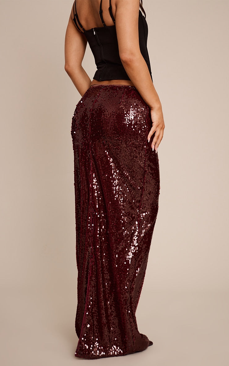 Falda Maxi Burdeo con Lentejuelas