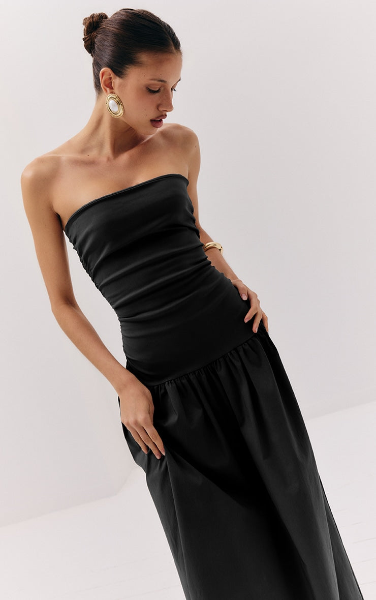 Vestido Maxi Bandeau Negro Fruncido