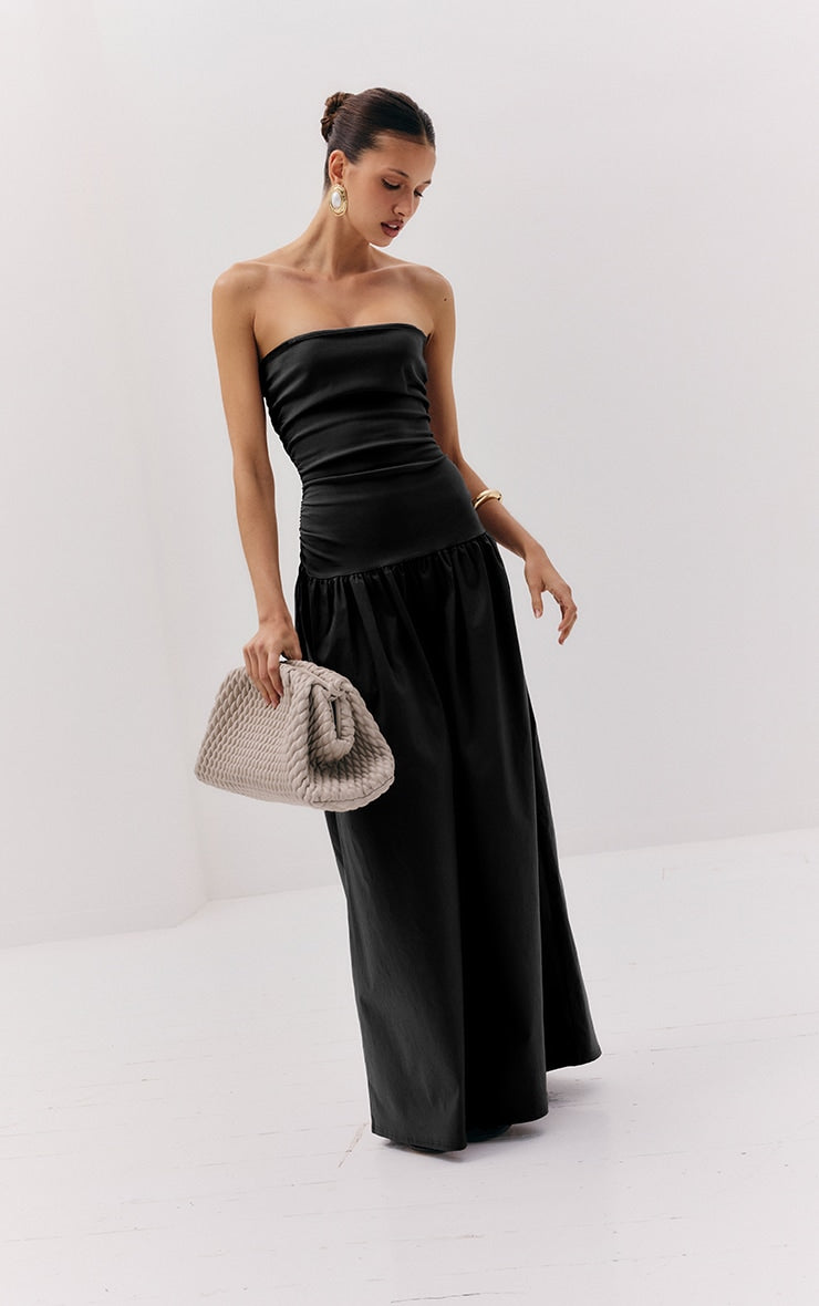 Vestido Maxi Bandeau Negro Fruncido