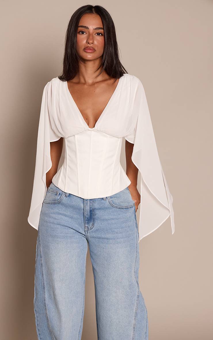 Corset Blanco de Chiffon con Mangas Drapeadas VELT