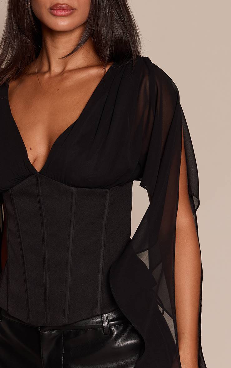 Corset Negro de Chiffon con Mangas Draped VELT
