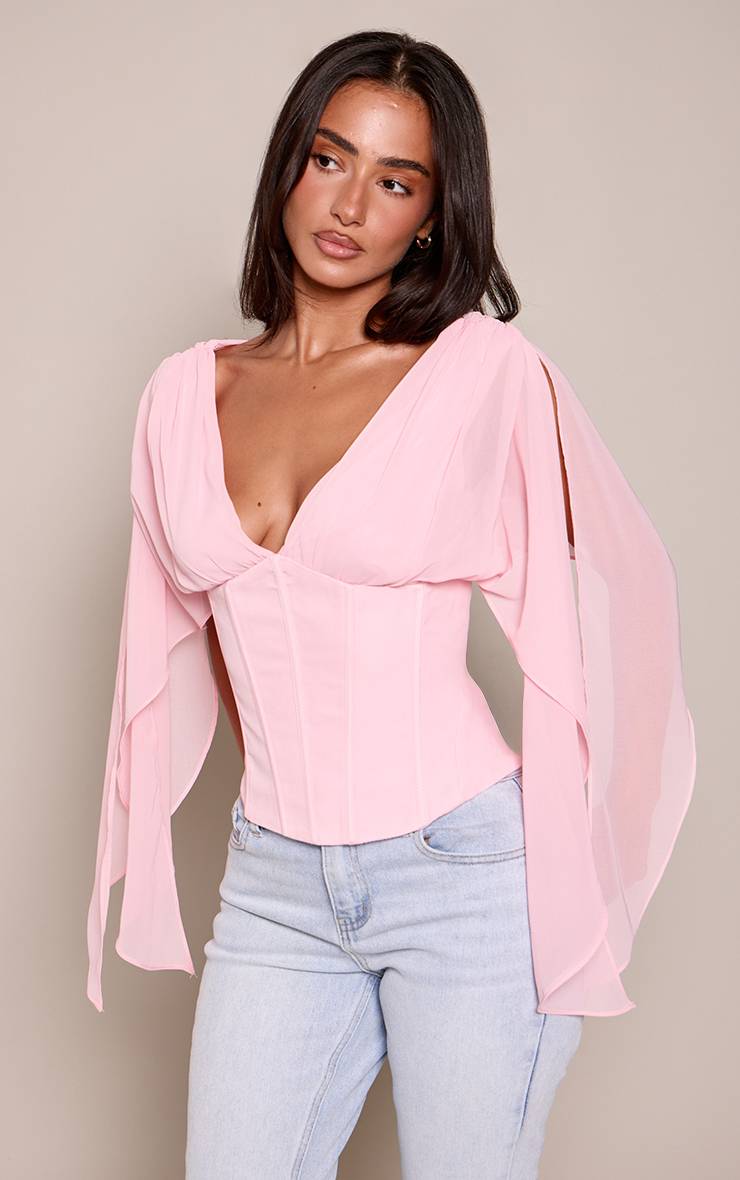 Corset Rosa de Chiffon con Mangas Drapeadas V E L T