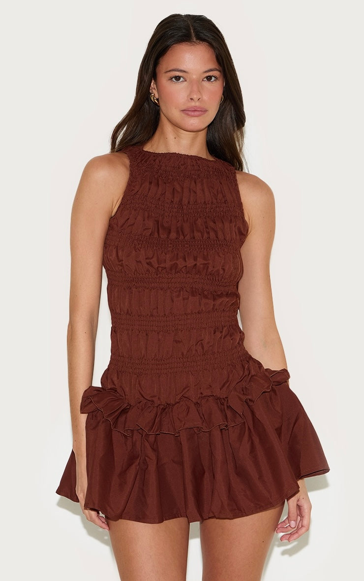 Vestido Café Fruncido Volantes