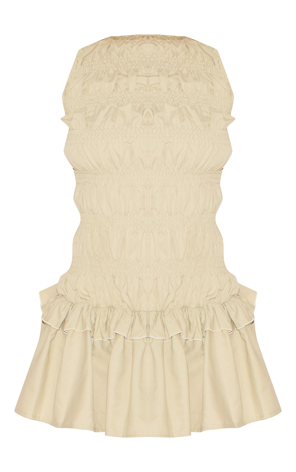 Vestido Beige Fruncido Volantes