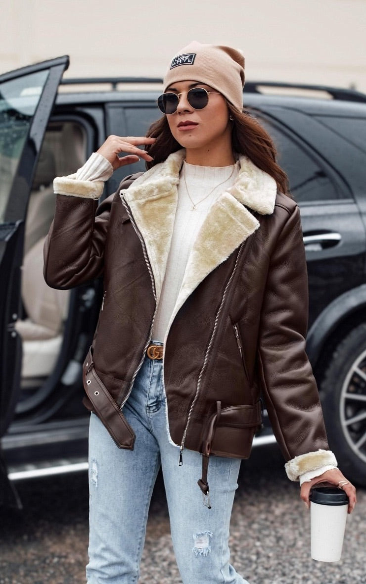 Chaqueta Café con Chiporro Beige Mujer