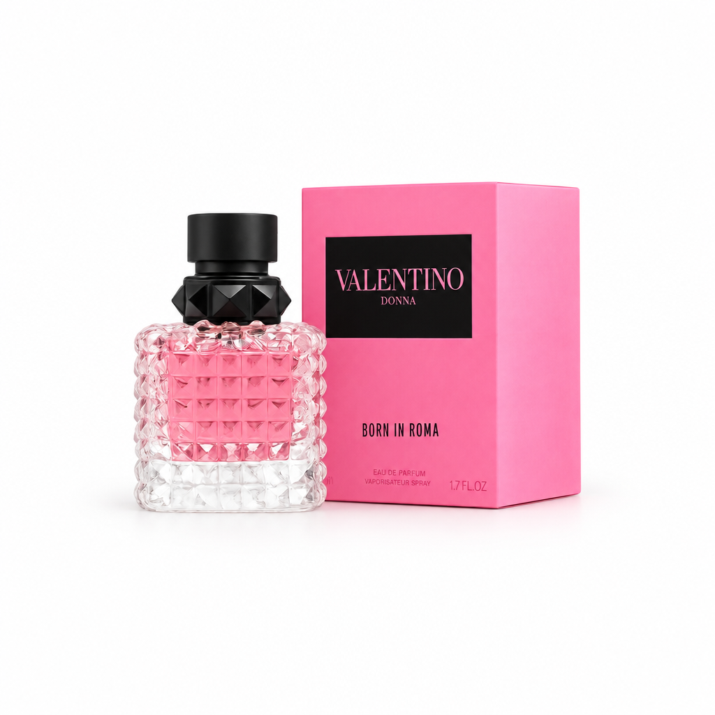 Perfume Mini Born in Roma con frasco y caja rosa sobre fondo blanco